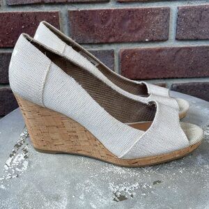 TOMS Beige Canvas Peep-Toe Wedge Flats